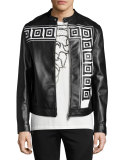 Greek Key Leather Cafe Racer Jacket, Black