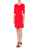 Half-Sleeve Stitch-Detail Dress, Scarlet