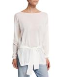 Elise Long-Sleeve Semisheer Cropped-Back Top, Ivory