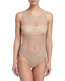 Macrame Lace Art Sheer Zip Bodysuit, Nude
