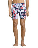 Moorea Cabana-Print Swim Trunks, Navy