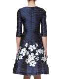 Floral-Skirt 3/4-Sleeve Cocktail Dress, Ink Blue
