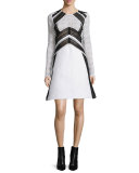 Long-Sleeve Two-Tone Fit-&-Flare Dress, White