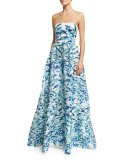 Strapless Pleated Floral Ball Gown, Pacific Blue/Multi