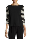 Striped-Sleeve Back-Zip Top, Black/Putty
