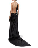 One-Shoulder Crystal Illusion Gown, Black/White