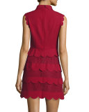 Sleeveless Scalloped Point D'Esprit Minidress, Cherry