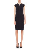 Cap-Sleeve Zip-Front Seamed Dress, Black
