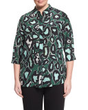 Bavarese 3/4-Sleeve Printed Silk Blouse, Plus Size 