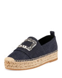 Denim Crystal-Buckle Espadrille, Dark Blue