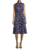 sleeveless tie-Neck floral silk midi dress, black/blue