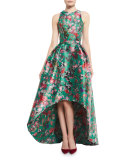 Sleeveless Floral Mikado High-Low Gown, Malachite