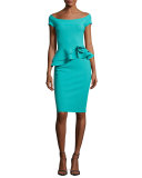 Lady Cap-Sleeve Peplum Cocktail Dress, Blue