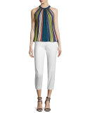 Sleeveless Vertical-Striped Top, Black/Metallic