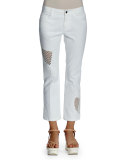 Mid-Rise Lace-Inset Cropped Jeans, White