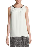 Beaded-Trim Silk Georgette Shell, Frost/Multi