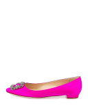 Hangisi Crystal-Buckle Satin Flat, Fuchsia