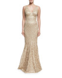 Embroidered Sleeveless V-Neck Mermaid Gown, Gold