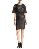 Leather Short-Sleeve Shirtdress, Noir