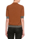 Half-Sleeve Jewel-Neck Two-Tone Sweater, Cognac/Gray