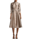 3/4-Sleeve Belted Midi Shirtdress 