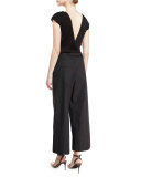 Belted Deep-V Wide-Leg Jumpsuit, Black
