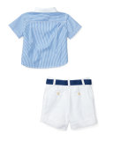 Short-Sleeve Striped Shirt w/ Belted Shorts, Blue, Size 6-24 Months