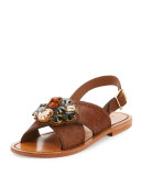Jeweled Calf Hair Crisscross Sandal, Tobacco