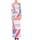 Long-Sleeve Intarsia-Striped Gown, Gray/Blue/Orange/Magenta