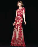 Half-Sleeve Floral-Applique Gown, Red