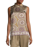 Fernanda Sleeveless Medallion-Print Silk Blouse, Multi