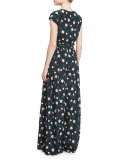 Cap-Sleeve Floral-Print Blouse, Green/White
