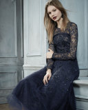 Long-Sleeve Degrade Embellished Midi Dress, Navy/Black