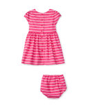 Cap-Sleeve Striped Sateen Dress w/ Bloomers, Pink, Size 6-24 Months