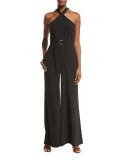 Belted Crepe Halter Jumpsuit, Black