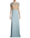 Crystal-Bodice Short-Sleeve Gown, Illusion/Stormy Blue