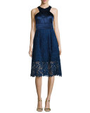 Sleeveless Satin & Lace Cocktail Dress, Indigo