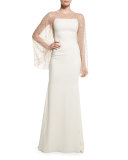 Pearly Batwing-Sleeve Mermaid Gown, Ivory