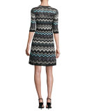 Half-Sleeve Lurex® Zigzag Dress, Black