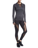 Swiss-Dot Mesh-Panel Long Sport Leggings, Converged Black
