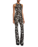 Floral-Lace Flare-Leg Jumpsuit, Black