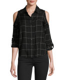 Maisie Plaid Cold-Shoulder Shirt, Black/White