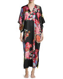 Mikado Floral-Print Lounge Caftan, Black/Russian Red