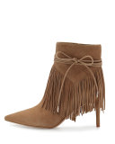 Marion Pointed-Toe Fringe Bootie, Oatmeal