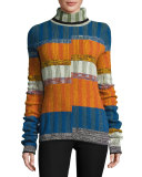 Turtleneck Split-Angle Striped Sweater 
