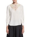 Poplin Blouse w/Lace Collar, White