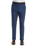 Parker Flat-Front Windowpane Check Trousers, Blue