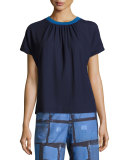 Contrast-Trim Jersey Tee, Navy/Cornflower