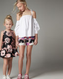Pleated Floral Stripe Shorts, Multicolor, Size 8-14