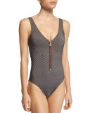 Quilted Zip-Front Underwire One-Piece Swimsuit